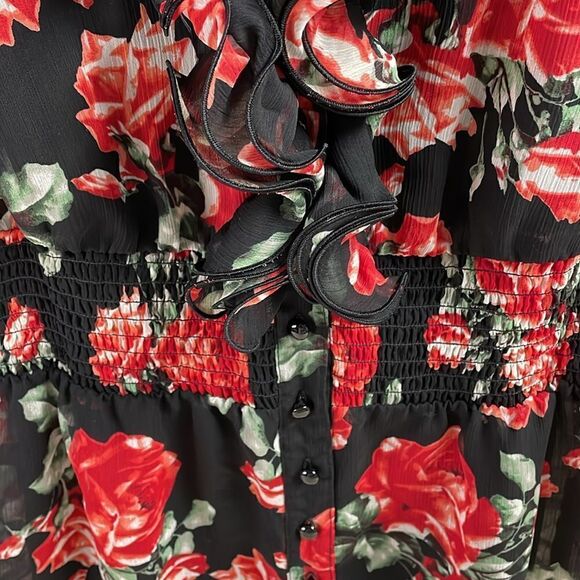 A Byer Blouse Set,Button Cardigan& Spaghetti Strap Top,M, Floral Black and Red - Picture 6 of 13